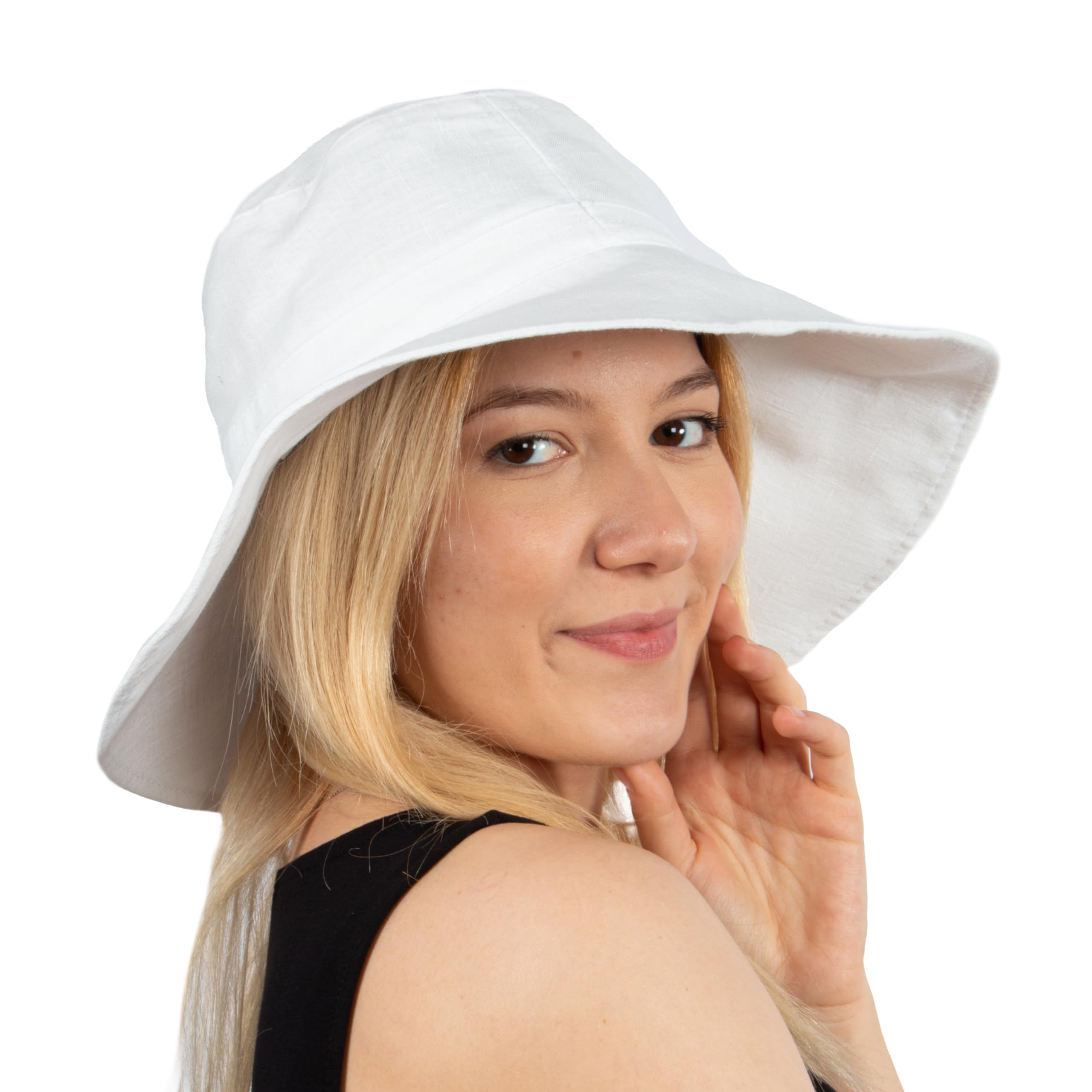 HATSQUARE Linen Wide Brim Bucket Hat, Women Summer Beach Sun Hat, Foldable Floppy Packable Hat (White)