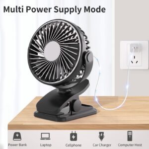 Portable Clip on Fan, 360° Rotate Battery Operated Stroller Fan, 3 Speed Quiet Mini Personal Desk Fan, USB Rechargeable Clooing Fan for Outdoor Camping Golf Cart Stroller Home Office Black