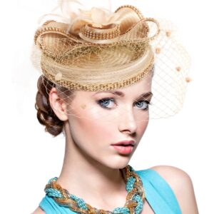 Fascinators Hat for Women Church Tea Party Headband Derby Floral Wedding Dress Cocktail Hats (Apricot)