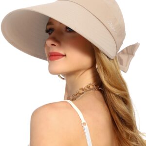 Sun Visor Hat for Women Wide Brim Ponytail Hole UV Protection Summer Cap Packable UPF 50+ Travel Outdoor(Beige)