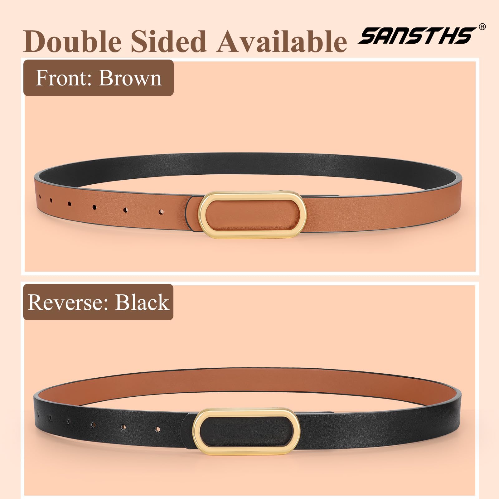 SANSTHS Reversible Belts for Women, Two-in-one Thin Waist Belt Women for Dresses Jeans Coats with Gold Buckle, Black+Brown, M