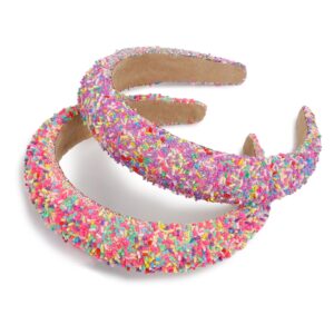 TEBIEKOY 2Pcs Sprinkle Headbands for Women Girls Wide Padded Head Bands for Women's Hair Non Slip Pink Purple Headband Thick Donut Hairbands Cute Hair Accessories