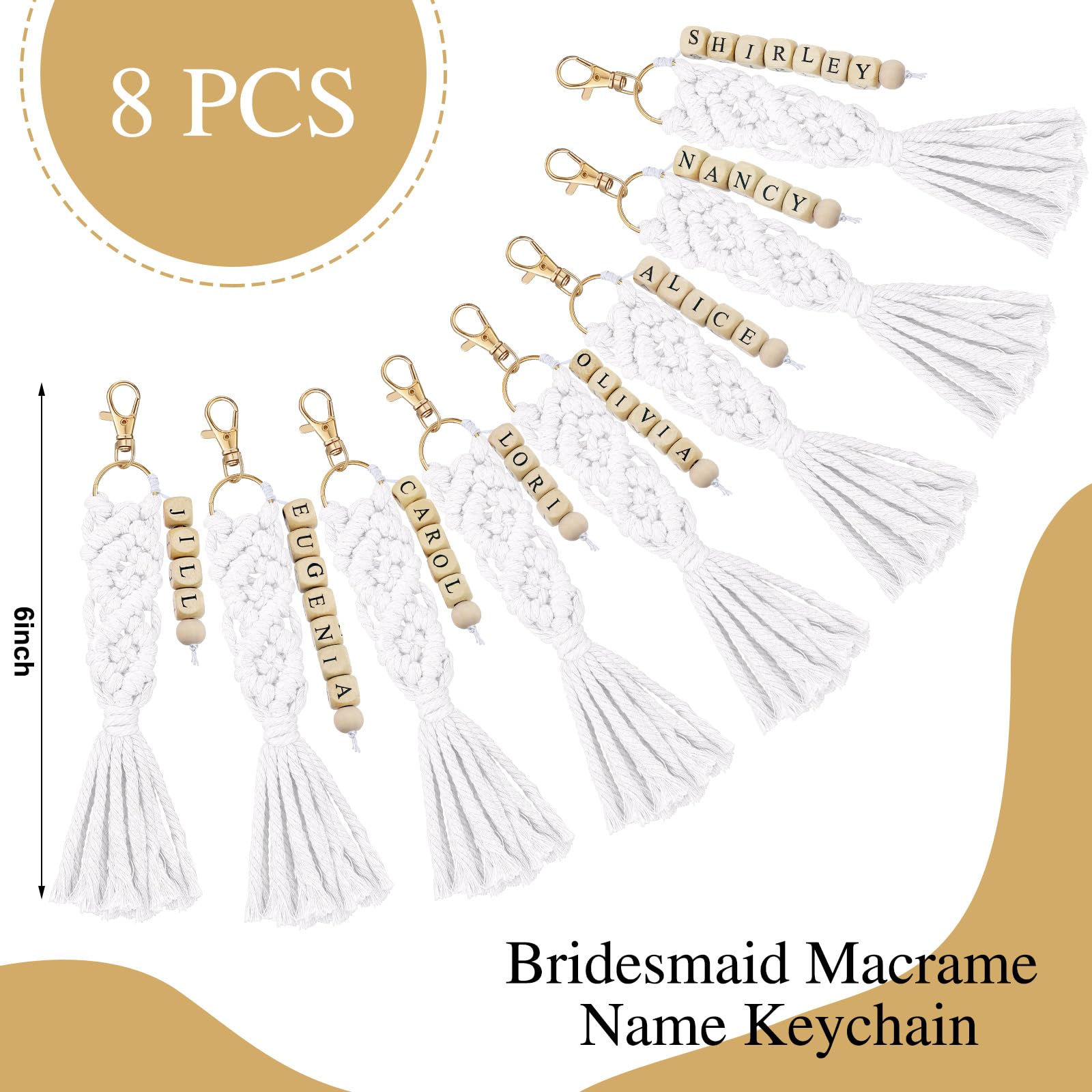 Ferreve 8 Sets Bridesmaid Proposal Gift Boho Macrame Keychains DIY Name Craft Keychain Making Bridesmaid Bridal Shower(White)