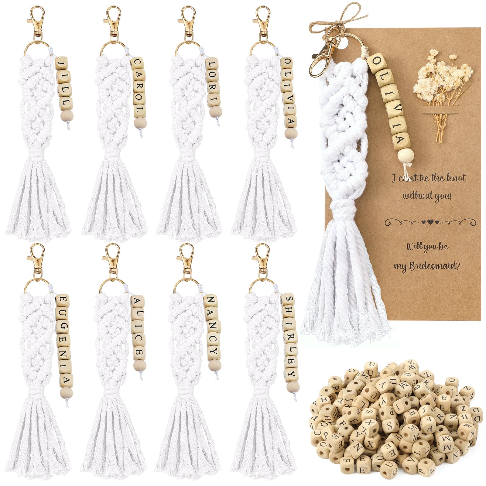 Ferreve 8 Sets Bridesmaid Proposal Gift Boho Macrame Keychains DIY Name Craft Keychain Making Bridesmaid Bridal Shower(White)