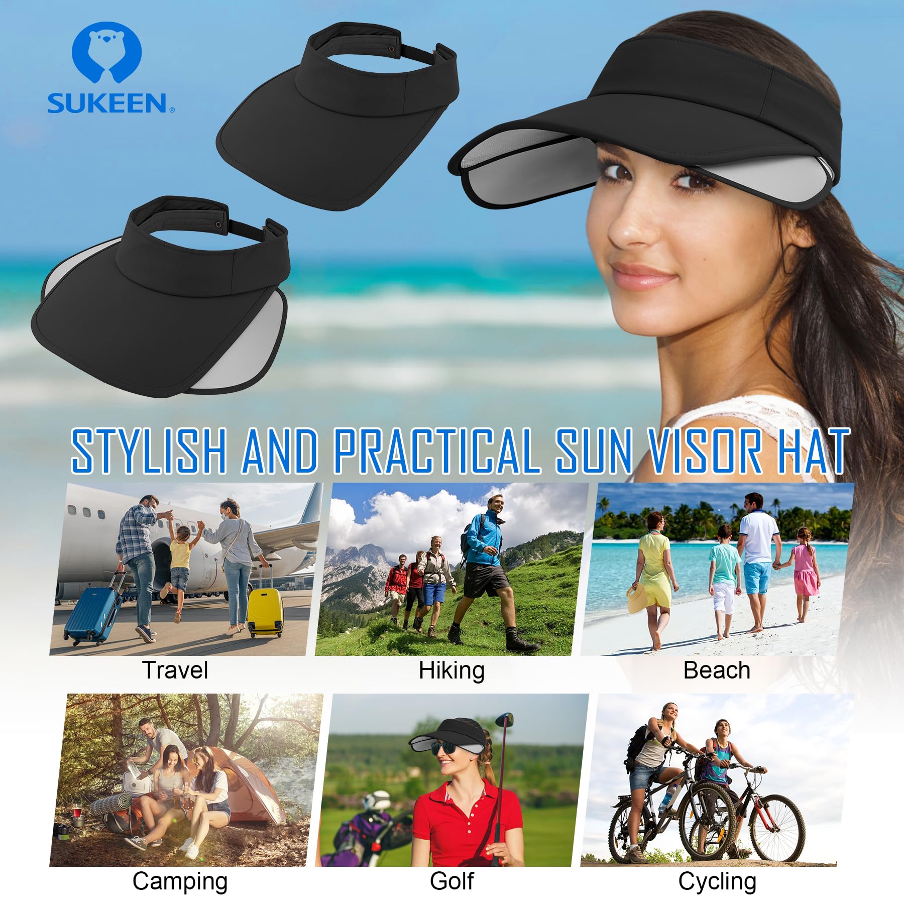 Sukeen Wide Brim Sun Visor for Women&Men, Retractable Visors Hat with UV Protection Sun Hats for Beach Golf Garden Outdoor Black