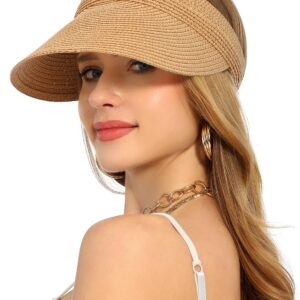 Womens Beach Straw Sun Visor Hat Ponytail Hole UV Protection Wide Brim Summer Cap Packable for Travel UPF 50+(Khaki)