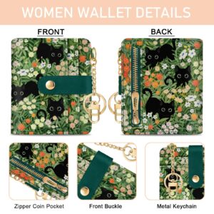 Jogjam Black Cat Floral Rfid Women Wallet, Small Slim Thin Credit Card Wallet, PU Leather Bifold Cash Wallet, Zipper Coin Pocket & ID Window, Female Ladies Teen Girls Girly Wallet