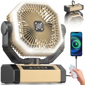 camping fan rechargeable - 9-inch battery powered fan, 20000mah(60hrs) battery operated fan for camping, auto oscillation cordless fan, tent fan with remote/light, 4 speeds, 4 timing, outdoor