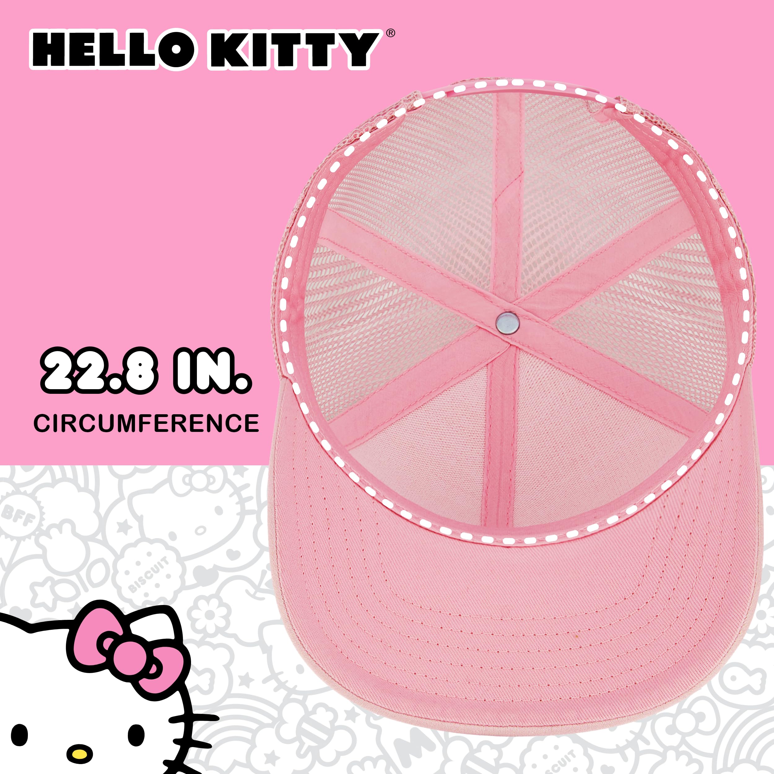 Hello Kitty Trucker Hat, Women's Adjustable Snapback Baseball Cap with Curved Brim, Blush, One Size