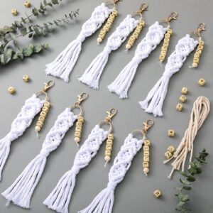 Ferreve 8 Sets Bridesmaid Proposal Gift Boho Macrame Keychains DIY Name Craft Keychain Making Bridesmaid Bridal Shower(White)