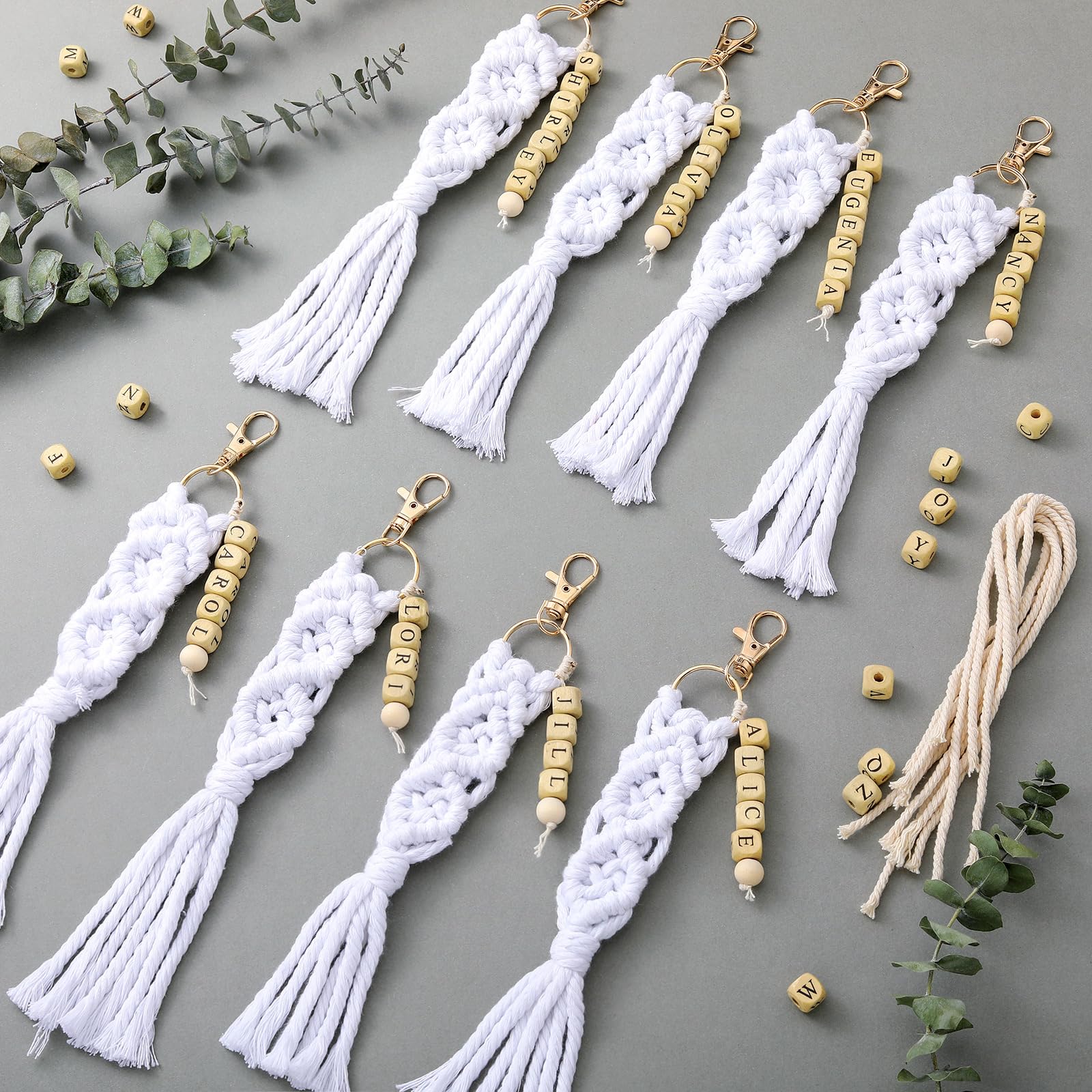 Ferreve 8 Sets Bridesmaid Proposal Gift Boho Macrame Keychains DIY Name Craft Keychain Making Bridesmaid Bridal Shower(White)