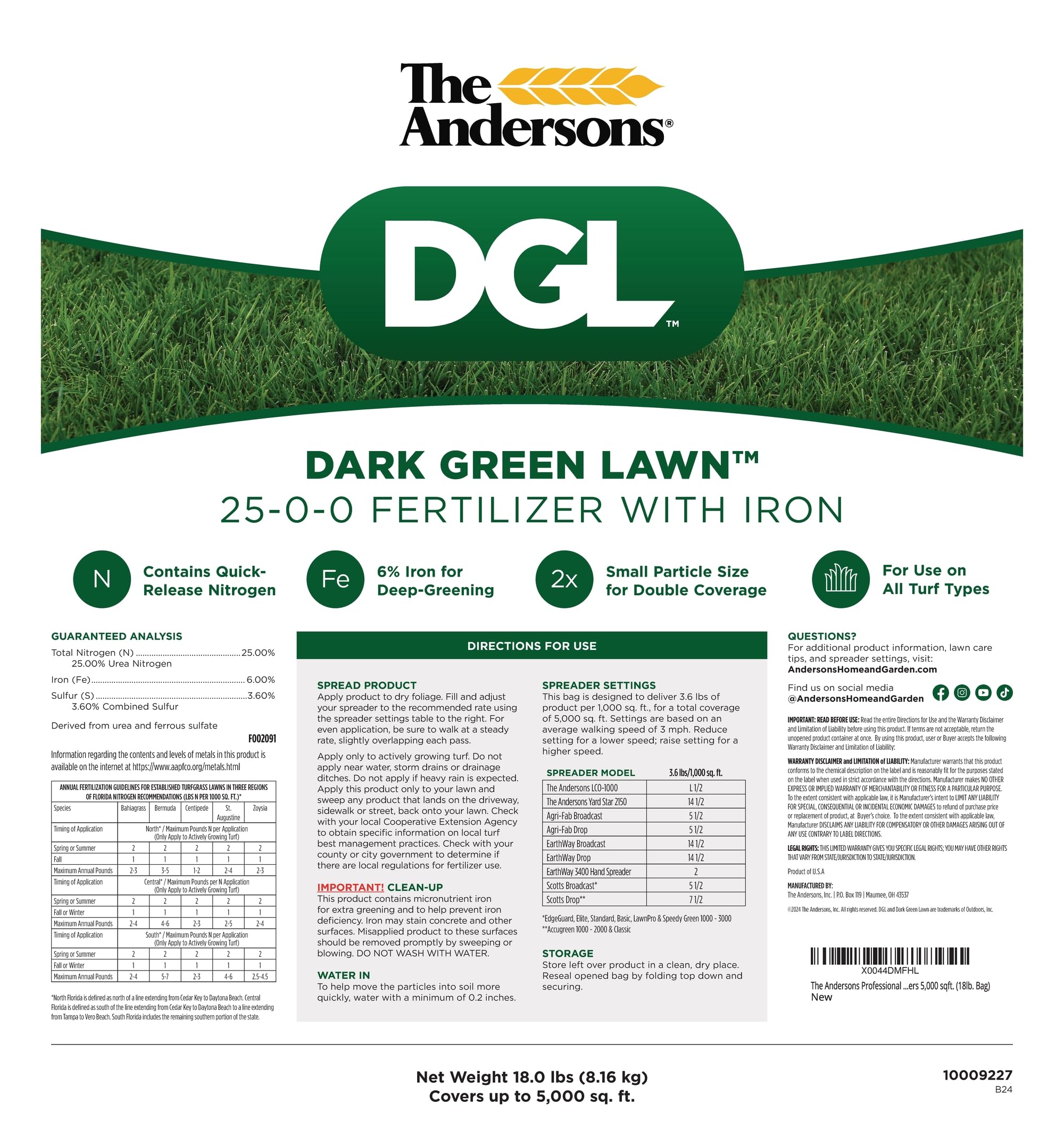 The Andersons Professional DGL Dark Green Lawn™ 25-0-0 Fertilizer with Iron - Covers 5,000 sqft. (18lb. Bag)