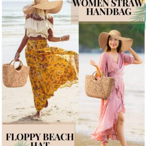 Loetere 5 Pcs Women Large Straw Beach Bag 5.5 Inch Big Bowknot Straw Beach Hat with Rattan Earrings Set Summer Handwoven Straw Tote Bag Wide Brim Floppy Sun Hat Foldable for Summer Vacation Travel