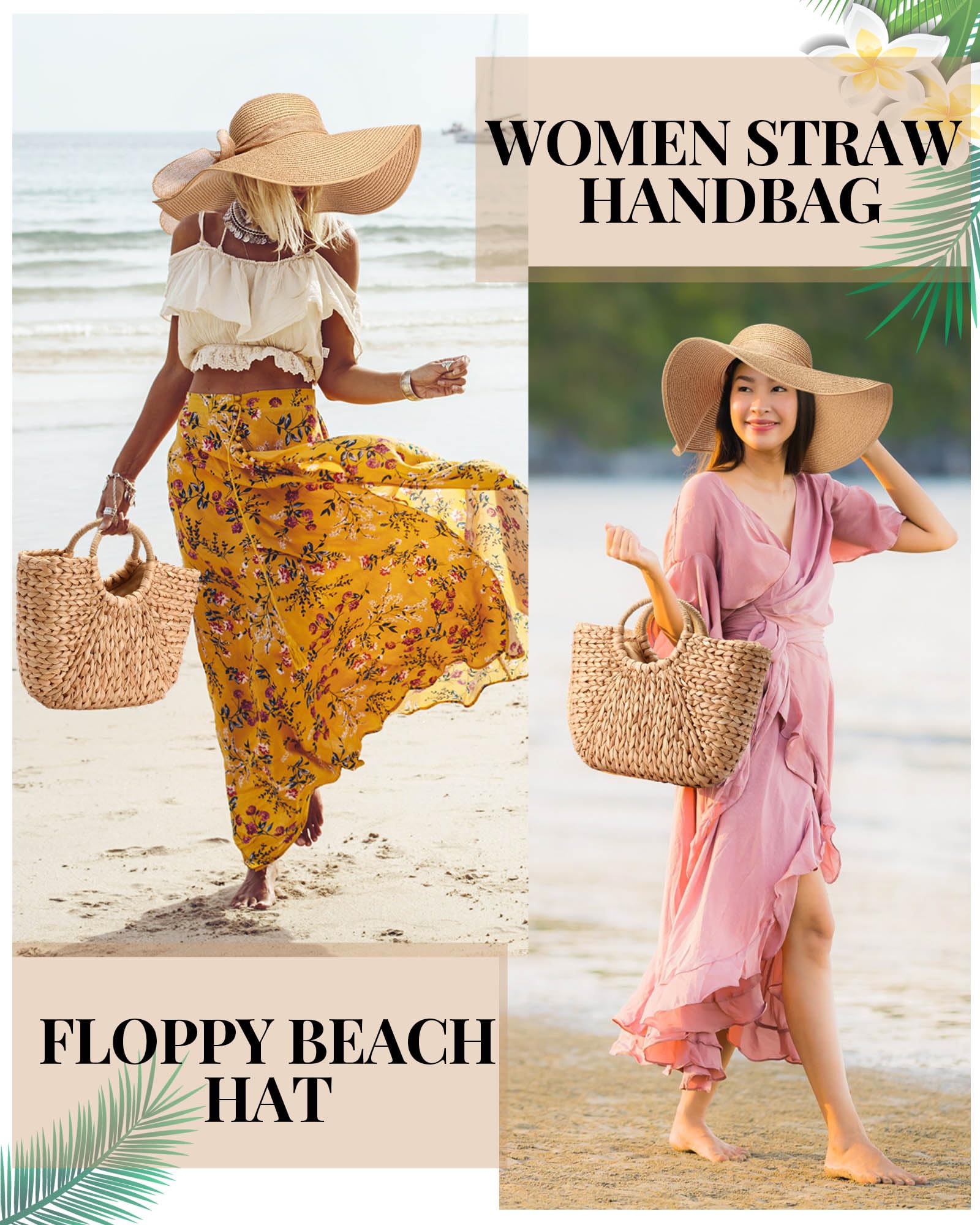 Loetere 5 Pcs Women Large Straw Beach Bag 5.5 Inch Big Bowknot Straw Beach Hat with Rattan Earrings Set Summer Handwoven Straw Tote Bag Wide Brim Floppy Sun Hat Foldable for Summer Vacation Travel