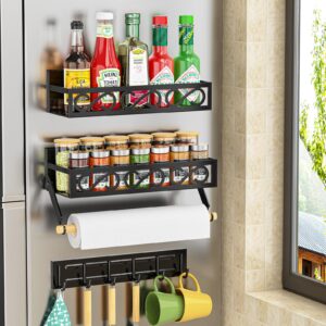 bunoxea spice rack magnetic for refrigerator, 3 pack magnetic spice shelf, moveable fridge organizer with 6 hook rack, magnetic fridge organizer,seasoning organizer for kitchen