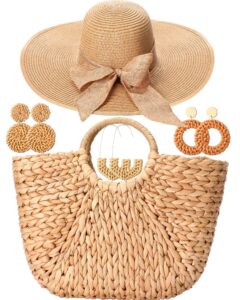 loetere 5 pcs women large straw beach bag 5.5 inch big bowknot straw beach hat with rattan earrings set summer handwoven straw tote bag wide brim floppy sun hat foldable for summer vacation travel