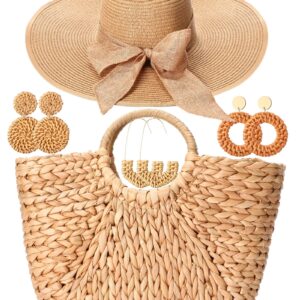 Loetere 5 Pcs Women Large Straw Beach Bag 5.5 Inch Big Bowknot Straw Beach Hat with Rattan Earrings Set Summer Handwoven Straw Tote Bag Wide Brim Floppy Sun Hat Foldable for Summer Vacation Travel