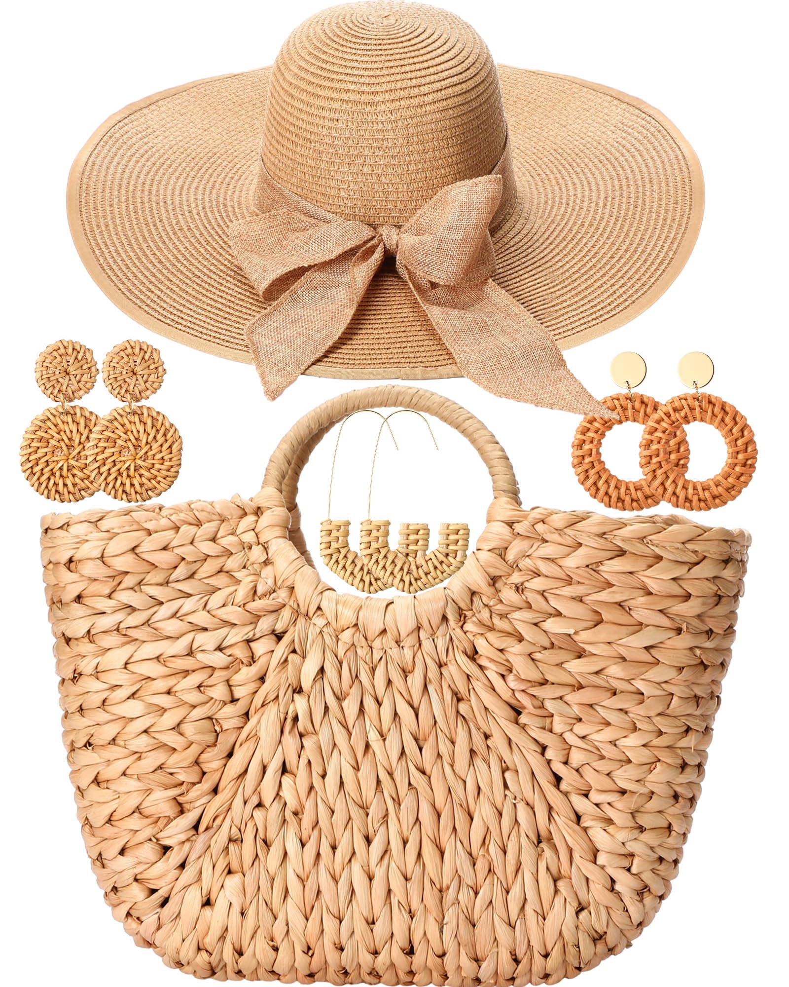 Loetere 5 Pcs Women Large Straw Beach Bag 5.5 Inch Big Bowknot Straw Beach Hat with Rattan Earrings Set Summer Handwoven Straw Tote Bag Wide Brim Floppy Sun Hat Foldable for Summer Vacation Travel