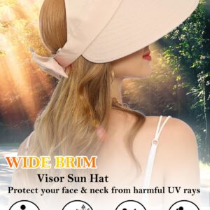 Sun Visor Hat for Women Wide Brim Ponytail Hole UV Protection Summer Cap Packable UPF 50+ Travel Outdoor(Beige)