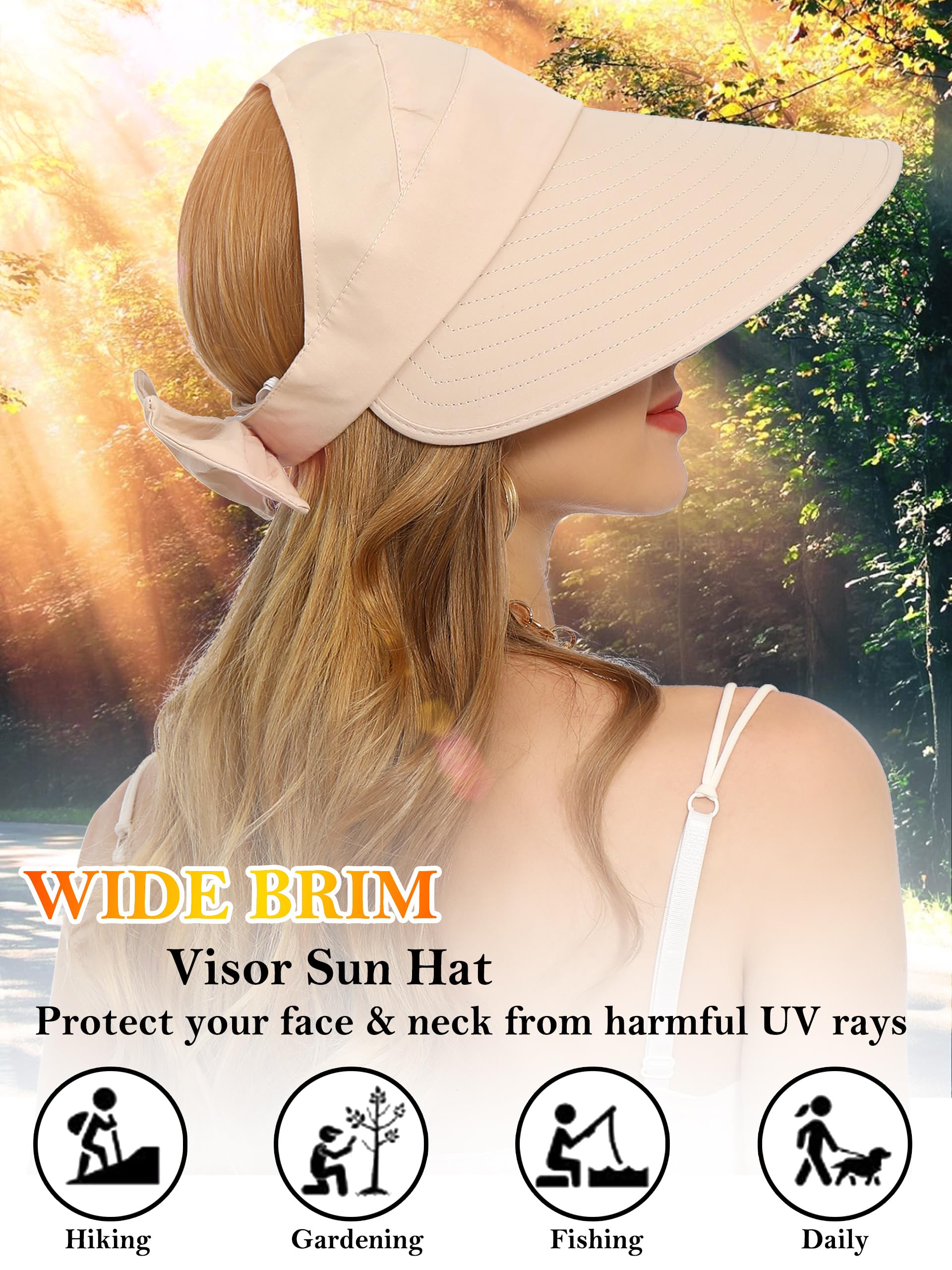 Sun Visor Hat for Women Wide Brim Ponytail Hole UV Protection Summer Cap Packable UPF 50+ Travel Outdoor(Beige)