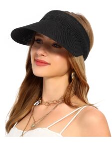 la carrie wide brim straw visor for women sun hat uv protection packable beach cap for summer upf 50+(black)