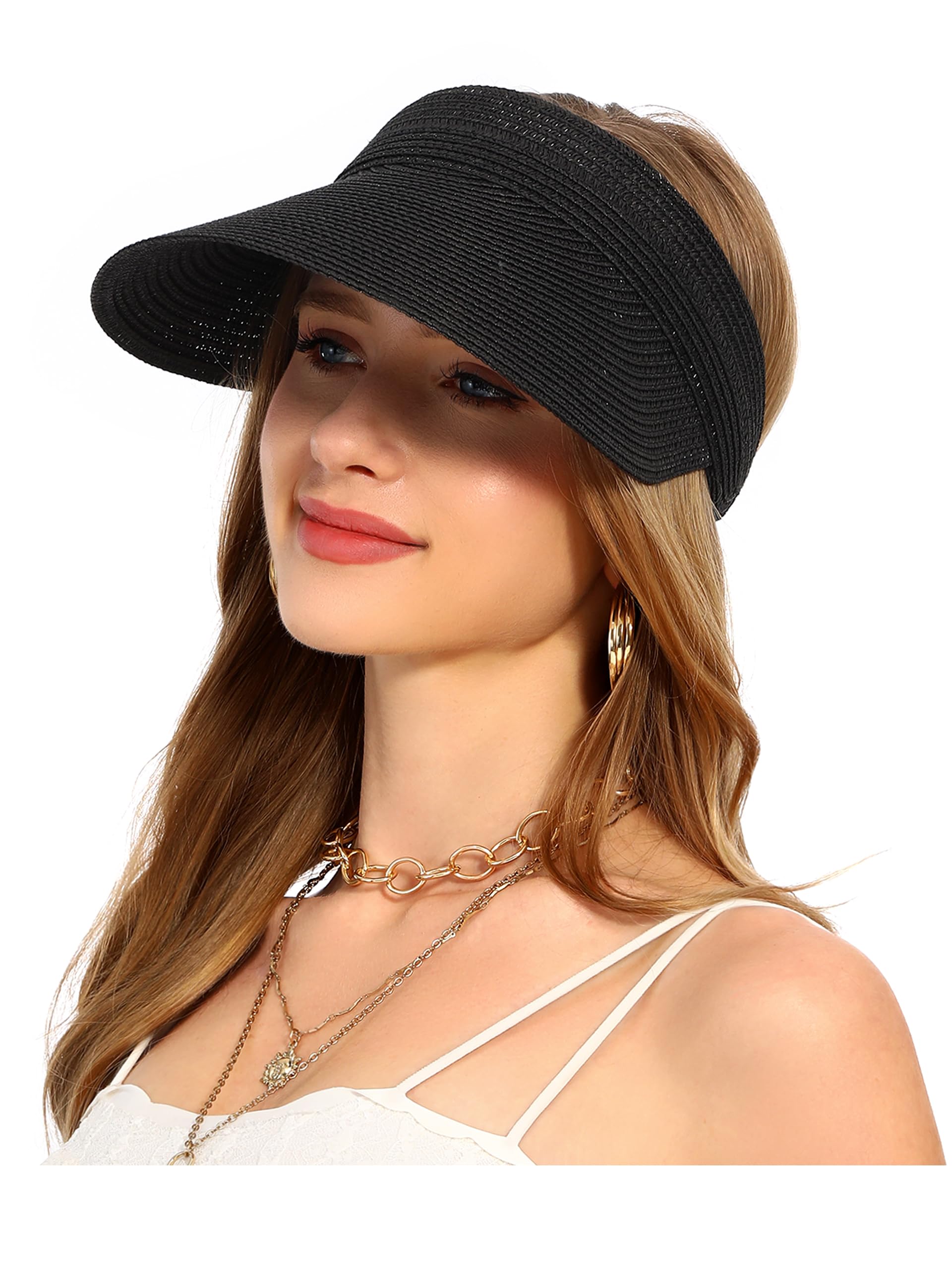 LA CARRIE Wide Brim Straw Visor for Women Sun Hat UV Protection Packable Beach Cap for Summer UPF 50+(Black)