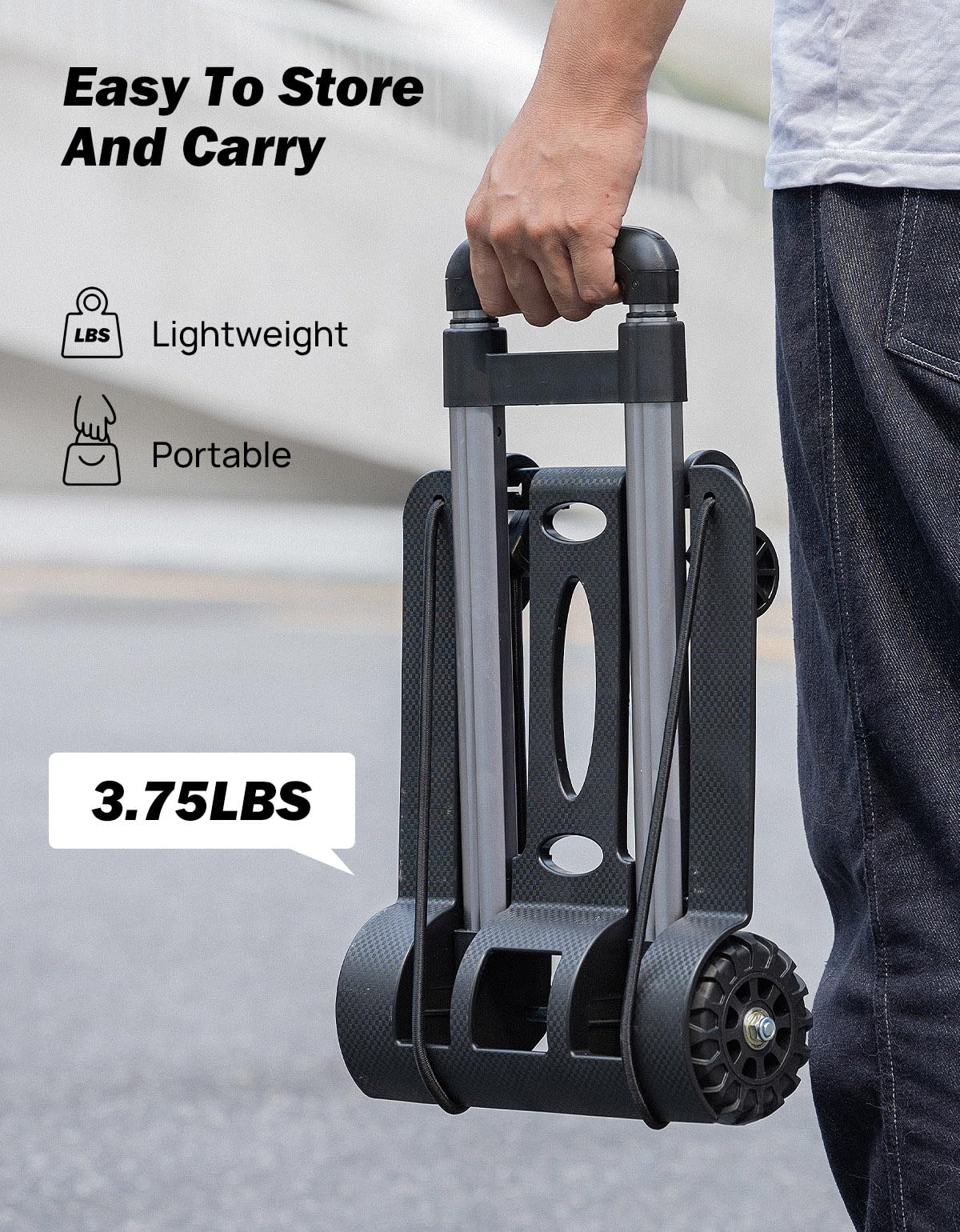 JOYTUTUS Folding Hand Truck, Lightweight Dolly Cart, Aluminum Tube Frame Adjustable Handle Luggage Cart with 2 Large Rear Wheels, 2 Lashing Straps for Moving