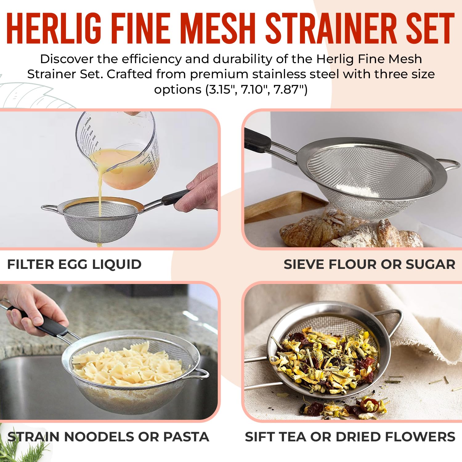 Herlig™ Fine Mesh Strainer Set - Pack of 3 Rust Proof Stainless Steel Mesh Strainer with Handle, Kitchen Food Strainer Steel Mesh Strainer Set of 3, 3.15", 7.10", 7.87"