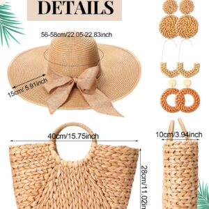 Loetere 5 Pcs Women Large Straw Beach Bag 5.5 Inch Big Bowknot Straw Beach Hat with Rattan Earrings Set Summer Handwoven Straw Tote Bag Wide Brim Floppy Sun Hat Foldable for Summer Vacation Travel