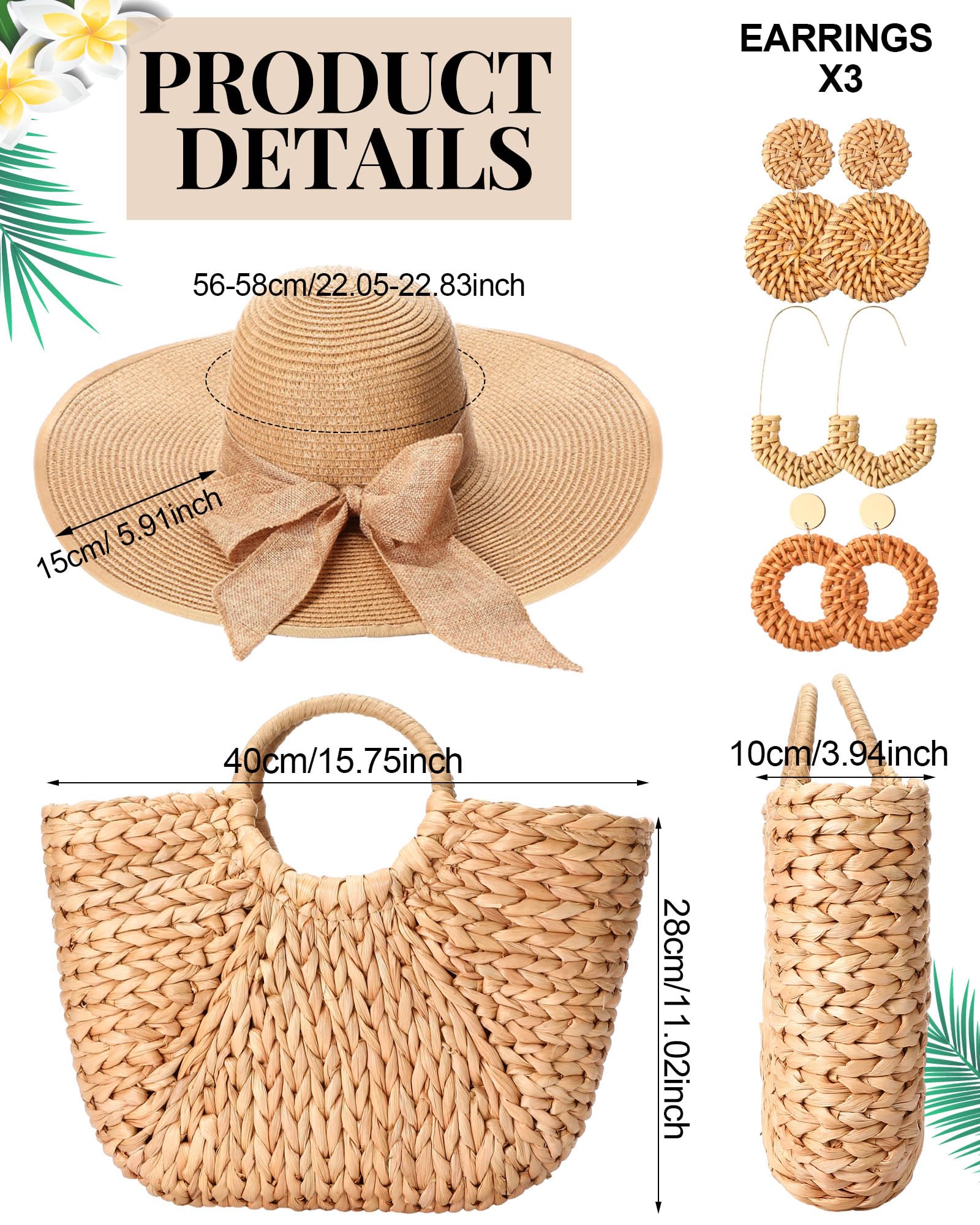 Loetere 5 Pcs Women Large Straw Beach Bag 5.5 Inch Big Bowknot Straw Beach Hat with Rattan Earrings Set Summer Handwoven Straw Tote Bag Wide Brim Floppy Sun Hat Foldable for Summer Vacation Travel