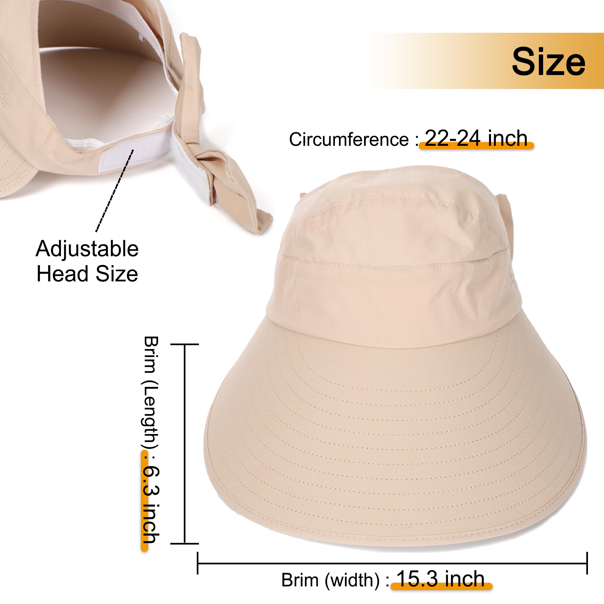 Sun Visor Hat for Women Wide Brim Ponytail Hole UV Protection Summer Cap Packable UPF 50+ Travel Outdoor(Beige)