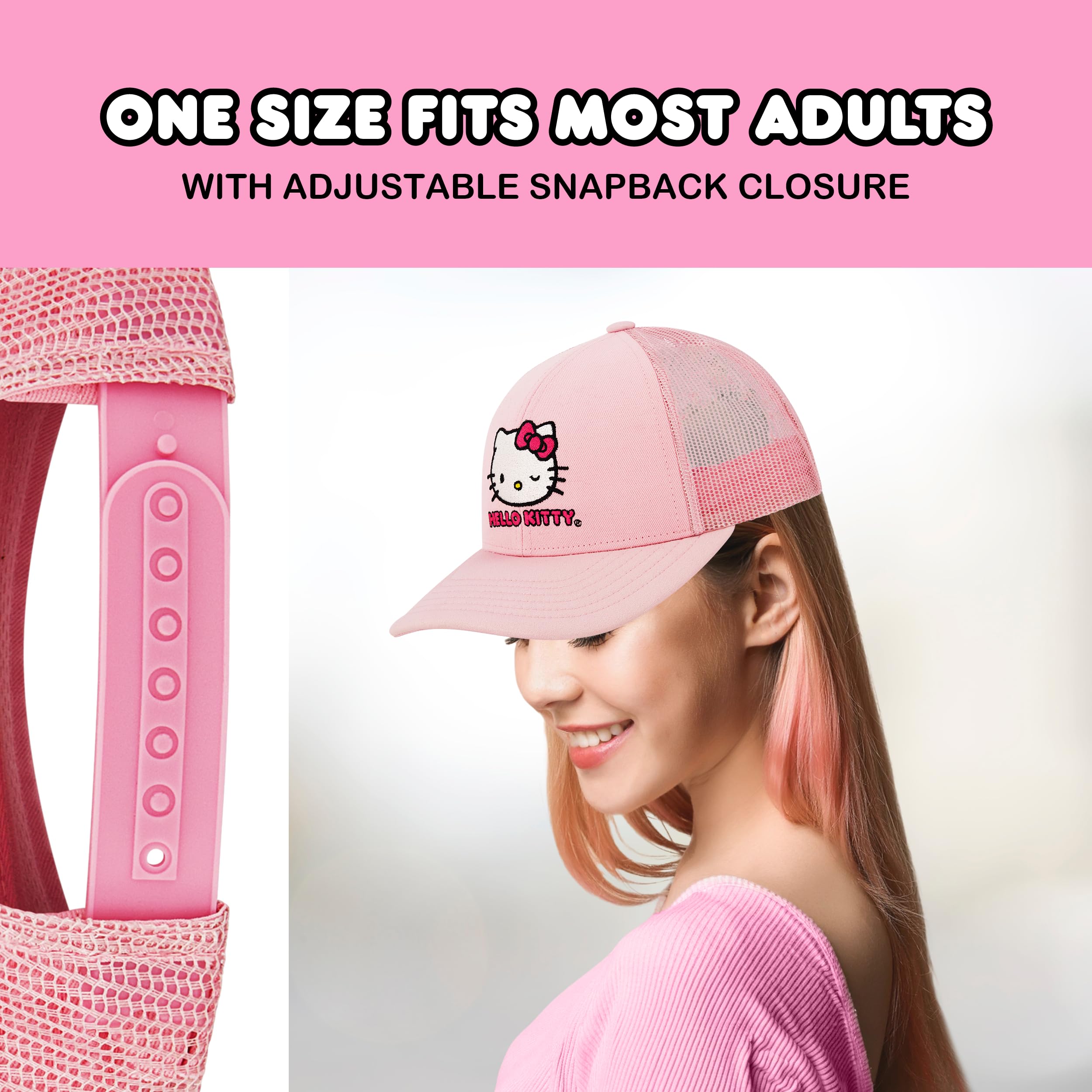 Hello Kitty Trucker Hat, Women's Adjustable Snapback Baseball Cap with Curved Brim, Blush, One Size