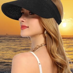 LA CARRIE Wide Brim Straw Visor for Women Sun Hat UV Protection Packable Beach Cap for Summer UPF 50+(Black)