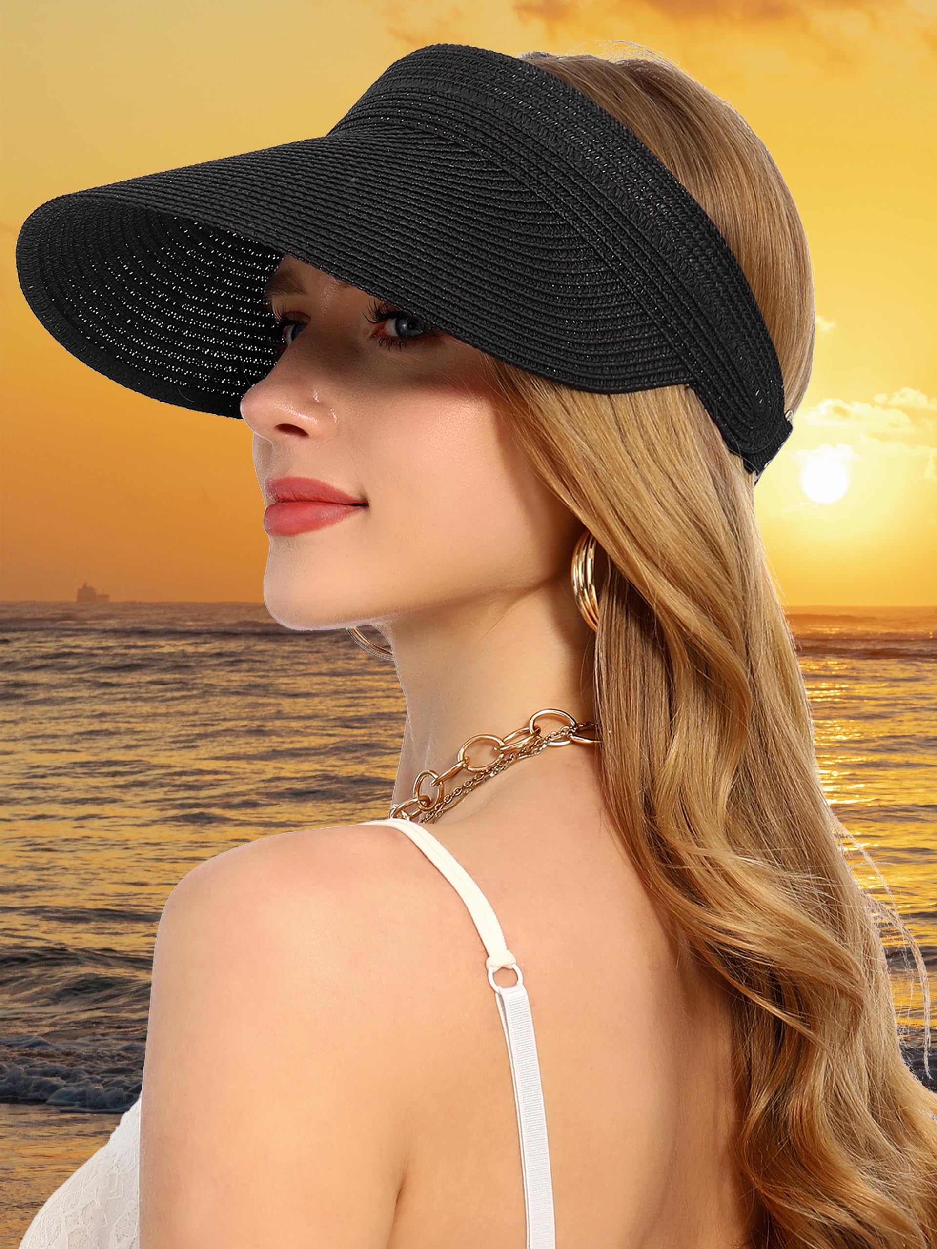 LA CARRIE Wide Brim Straw Visor for Women Sun Hat UV Protection Packable Beach Cap for Summer UPF 50+(Black)