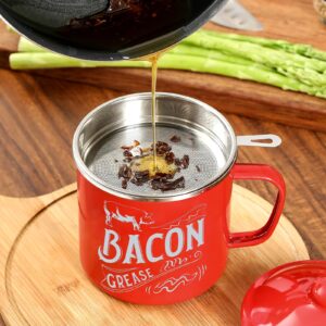 46OZ LARGE Bacon Grease Saver with Fine Mesh Strainer & Handle - Enamel Oil Keeper Container, Bacon Fat Dripping Can - Farmhouse Kitchen Gift & Decor Cooking Accessories - Red, Style 1