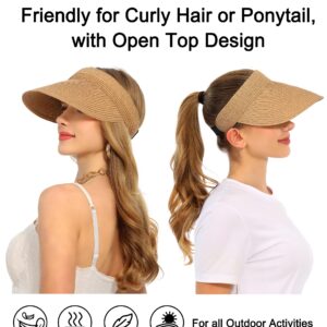 Womens Beach Straw Sun Visor Hat Ponytail Hole UV Protection Wide Brim Summer Cap Packable for Travel UPF 50+(Khaki)