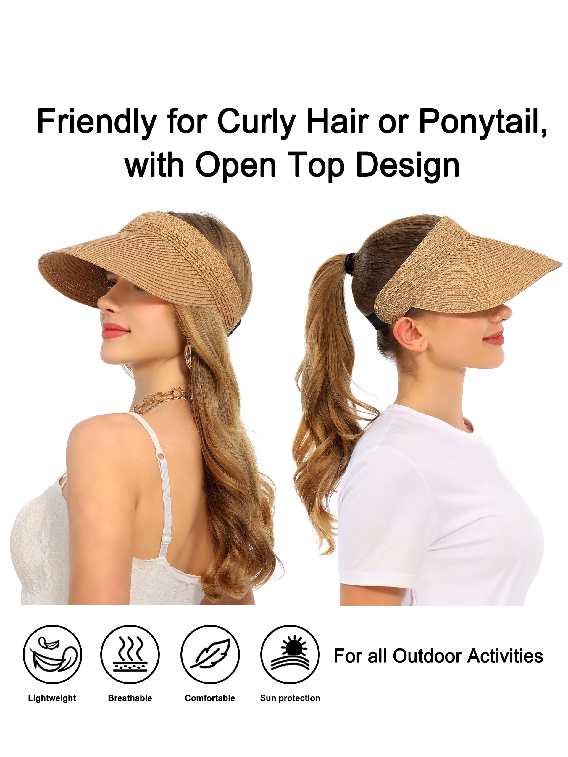 Womens Beach Straw Sun Visor Hat Ponytail Hole UV Protection Wide Brim Summer Cap Packable for Travel UPF 50+(Khaki)