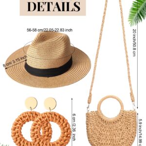 3 Pcs Women Straw Bag Rattan Wide Brim Sun Hat Woven Earrings for Summer Beach