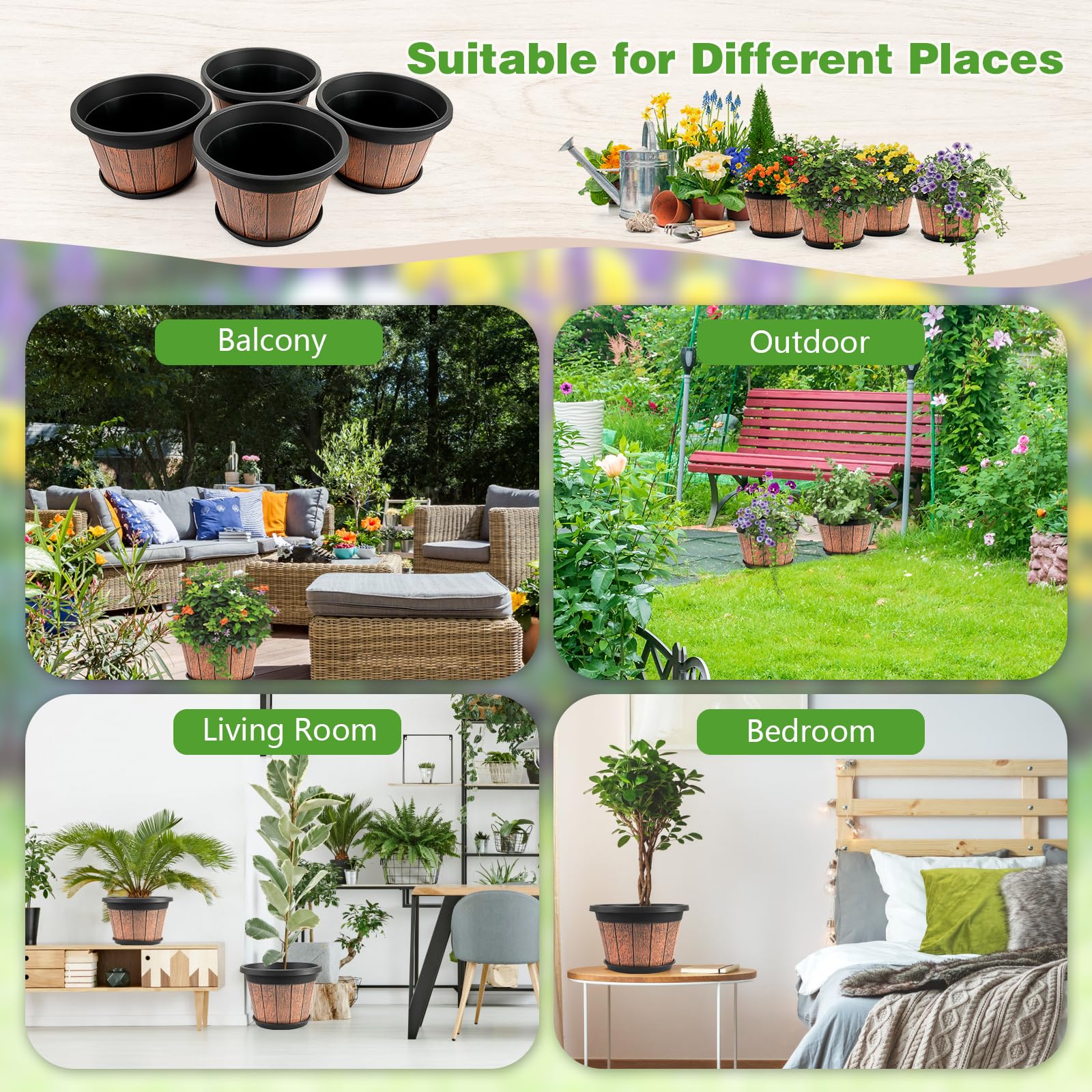 Quarut 4 Pack 10 inch Plant Pots,Upgrade Whiskey Barrel Planters with Drainage Holes & Saucer,Plastic Decoration Flower Pots Retro Design,Planters for Outdoor Indoor Garden Home Plants (Brown)