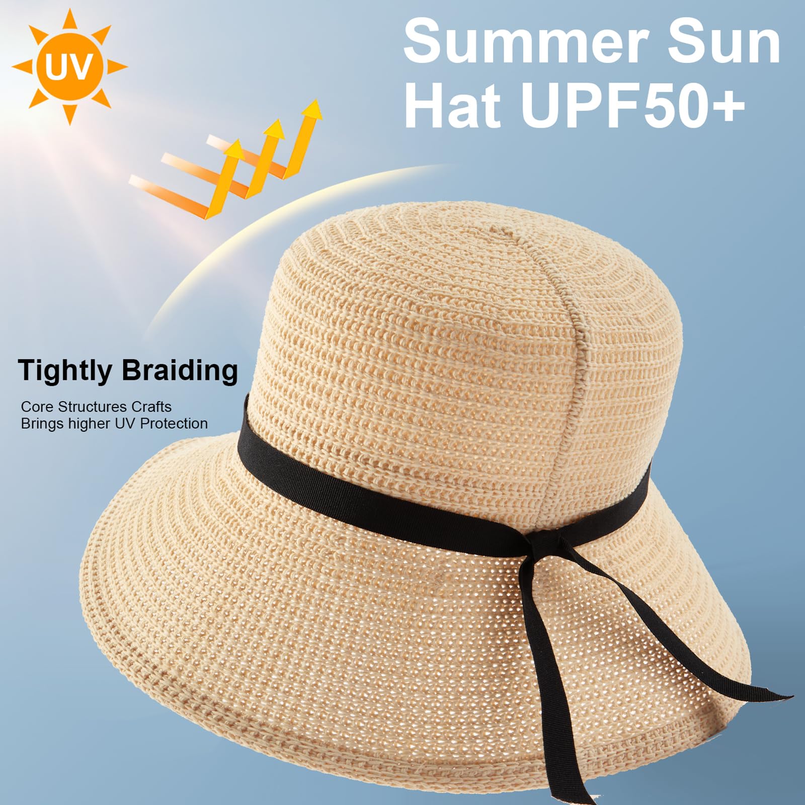 MEINICY Women Sun Hat Wide Brim Summer Beach Hat Bamboo Fiber Weave Floppy Hat UPF 50+ Foldable Hat Beige