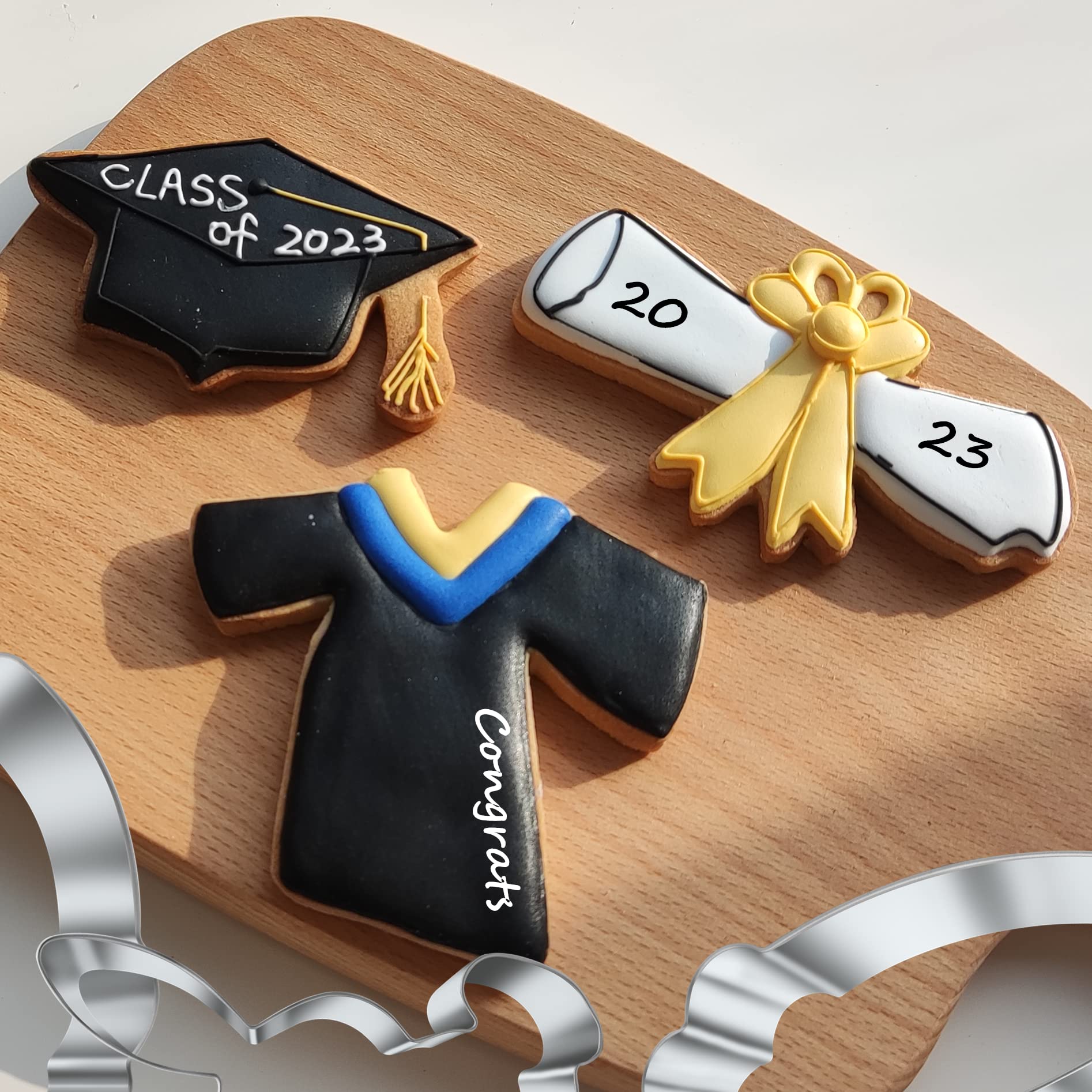 3 Pieces Graduation Cookie Cutters 2024, Stainless Steel Molds Cap, Diploma,Graduation Gown Shapes for High School College Graduation Party