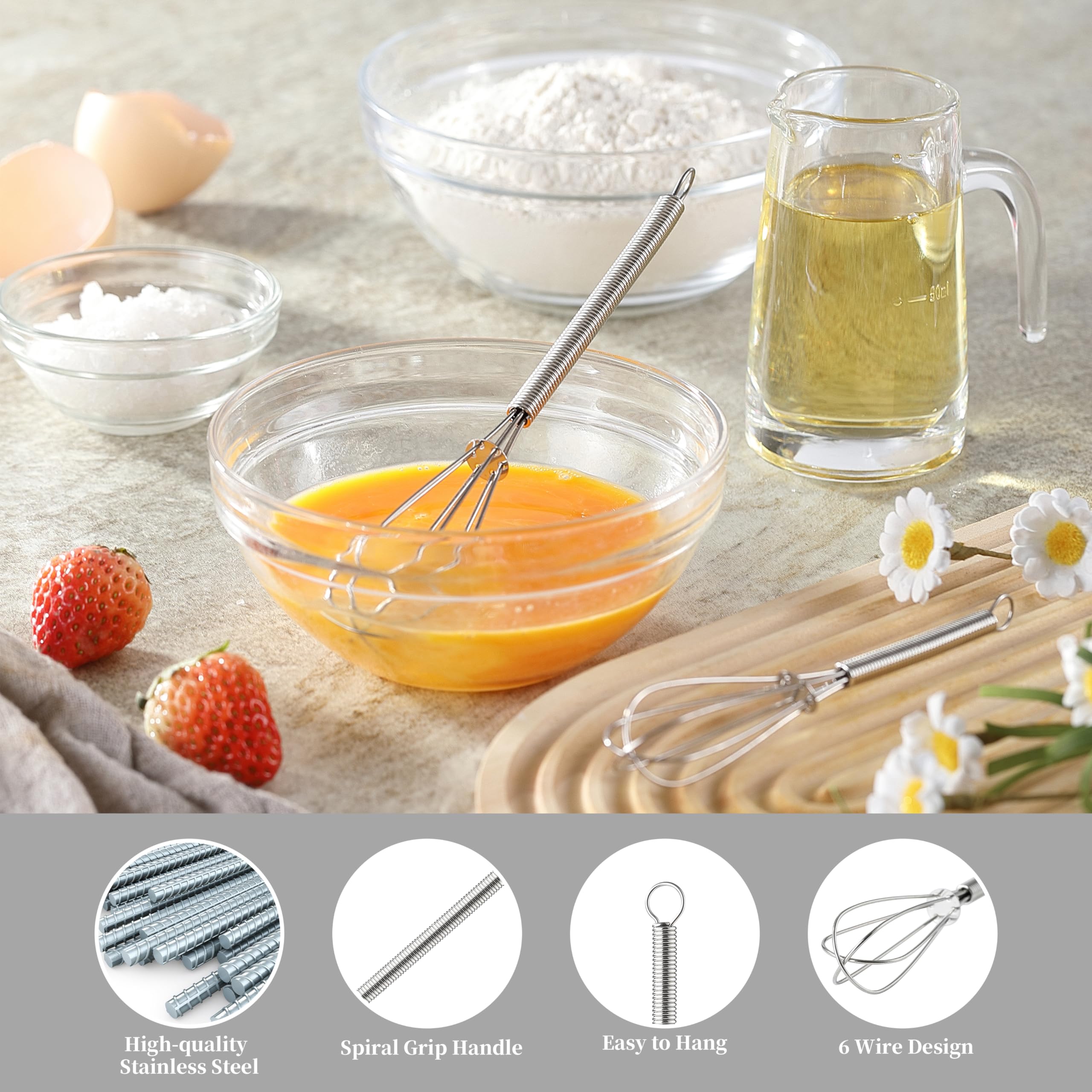 2PCS Mini Whisk, Stainless Steel 5 in and 7 in Small Tiny Whisks for Cooking, Whisking, Beating, Blending Ingredients and Mixing Sauces, 6 Wire Design, Ergonomic Spiral Handle, (Silver)