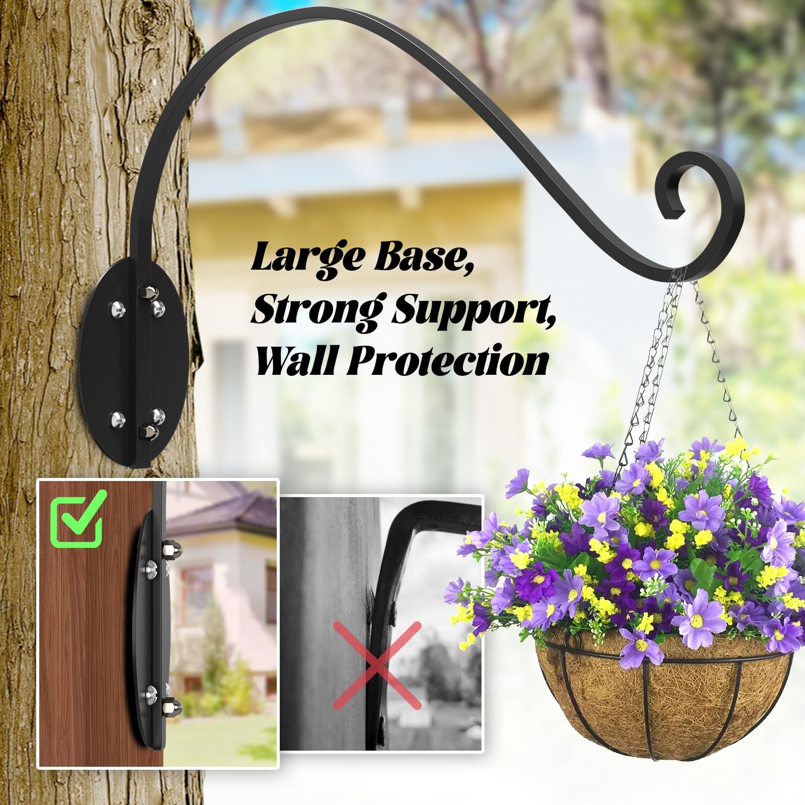 Hystun Plant Hangers Outdoor - 16 Inch Hanging Plant Hooks and Bird Feeder Hanger, Hand-Forged Plant Wall Hanger, Metal Black Plant Hooks for Hanging Baskets, Flower, Lantern, Wind Chime