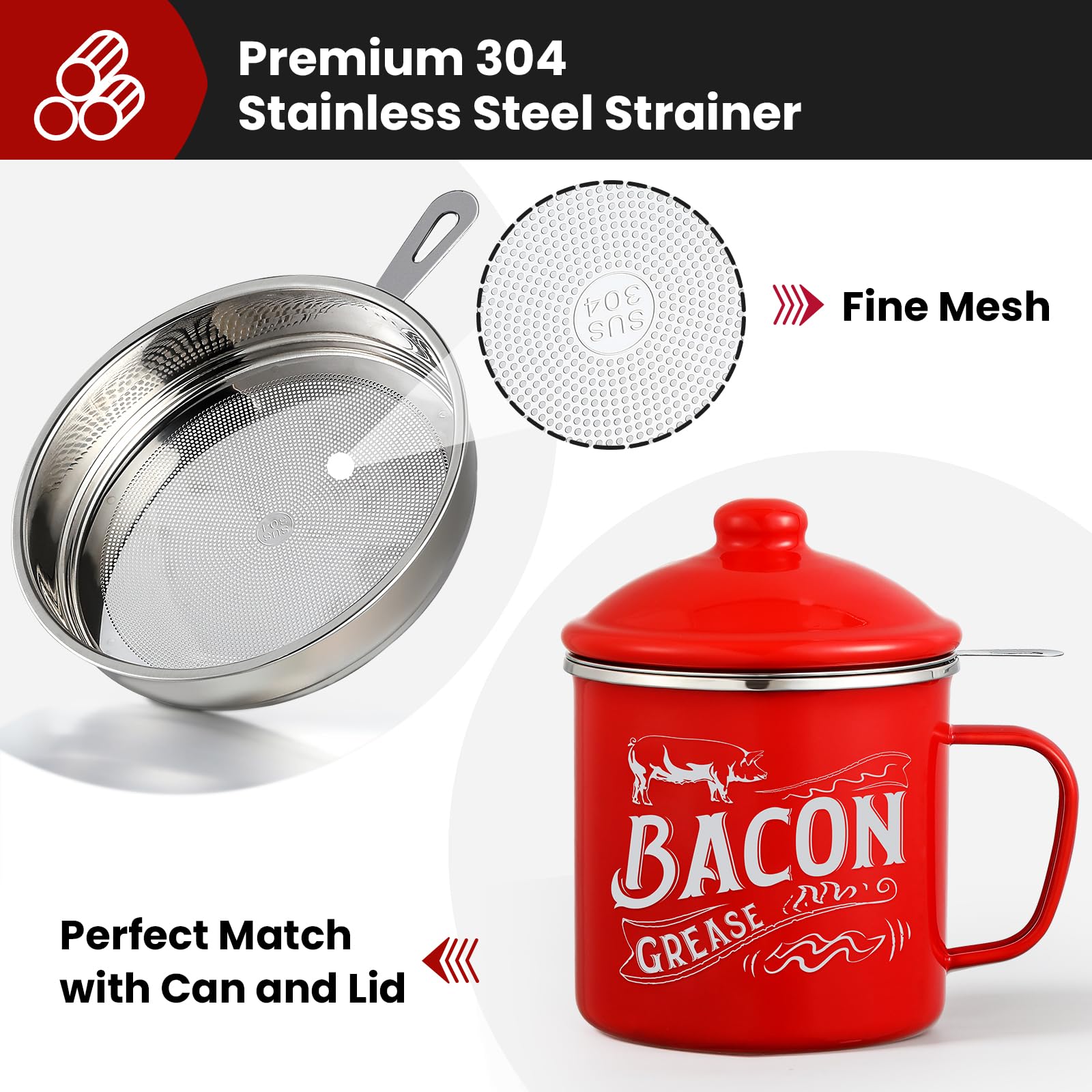 46OZ LARGE Bacon Grease Saver with Fine Mesh Strainer & Handle - Enamel Oil Keeper Container, Bacon Fat Dripping Can - Farmhouse Kitchen Gift & Decor Cooking Accessories - Red, Style 1