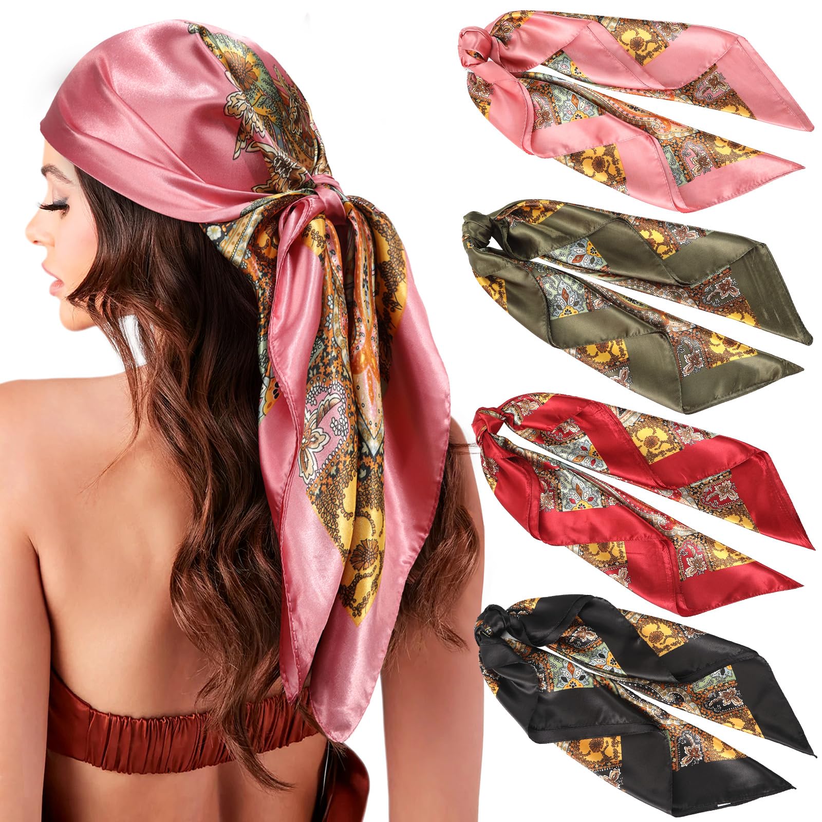 AWAYTR 35" Large Silk Hair Scarf for Women - 4Pcs Satin Head Scarf Square Hair Bandanas Floral Wild Rag Sleeping Head Wraps (Cashew(Black/Olive Green/Red/Pink))