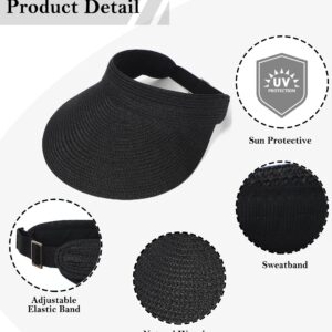 LA CARRIE Wide Brim Straw Visor for Women Sun Hat UV Protection Packable Beach Cap for Summer UPF 50+(Black)