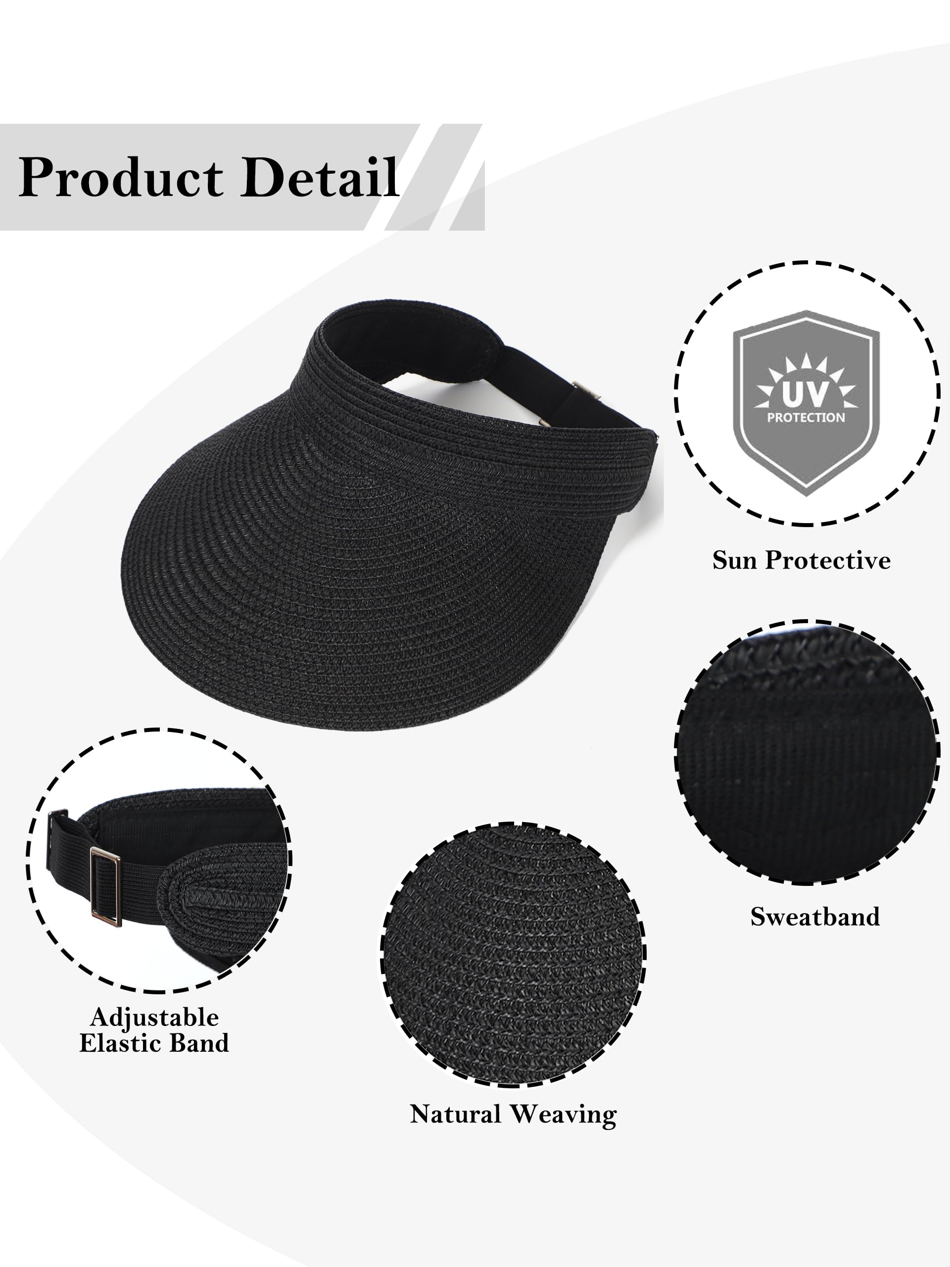 LA CARRIE Wide Brim Straw Visor for Women Sun Hat UV Protection Packable Beach Cap for Summer UPF 50+(Black)