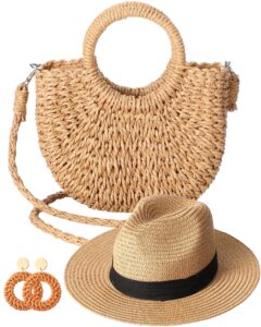 3 pcs women straw bag rattan wide brim sun hat woven earrings for summer beach