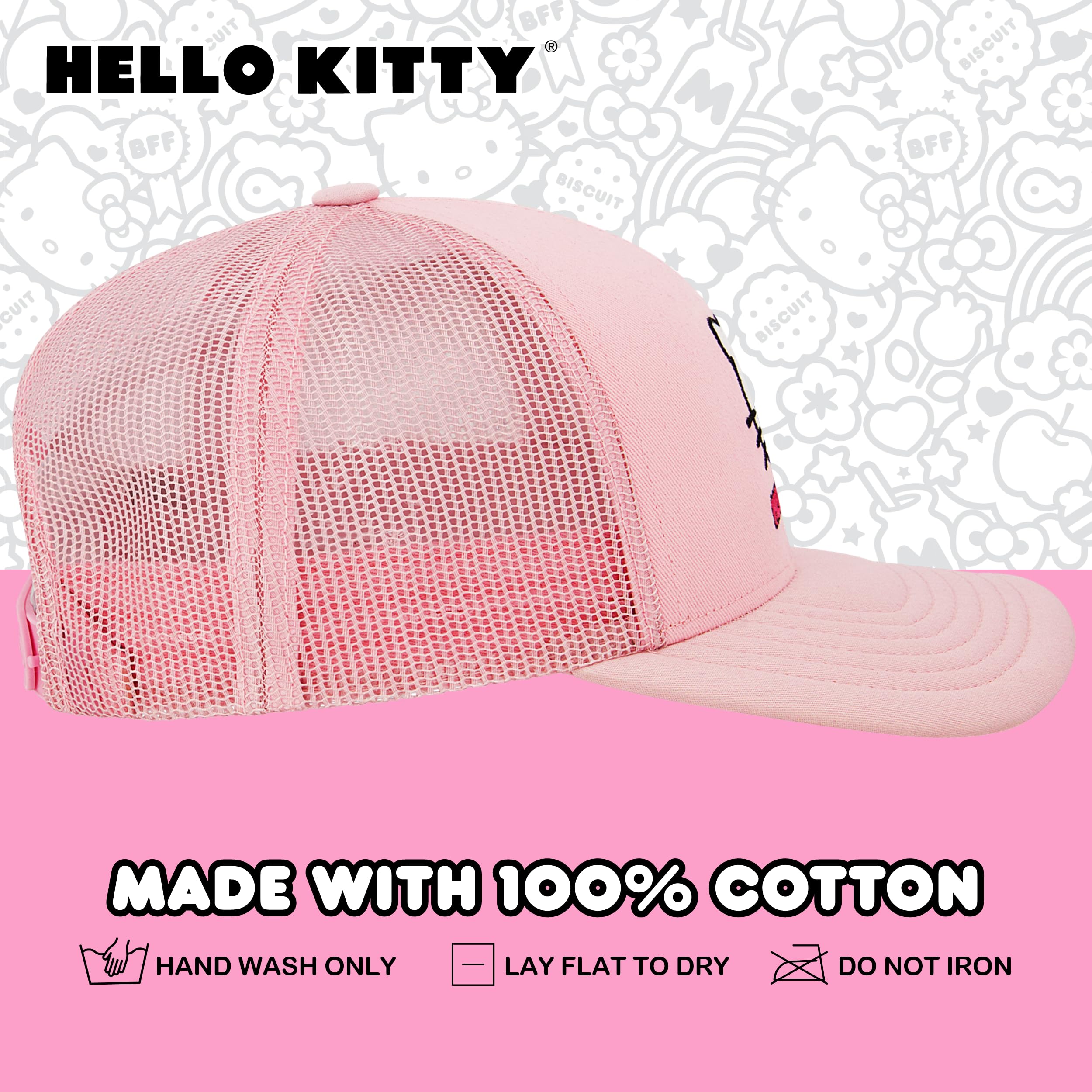 Hello Kitty Trucker Hat, Women's Adjustable Snapback Baseball Cap with Curved Brim, Blush, One Size