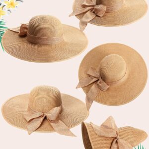 Loetere 5 Pcs Women Large Straw Beach Bag 5.5 Inch Big Bowknot Straw Beach Hat with Rattan Earrings Set Summer Handwoven Straw Tote Bag Wide Brim Floppy Sun Hat Foldable for Summer Vacation Travel